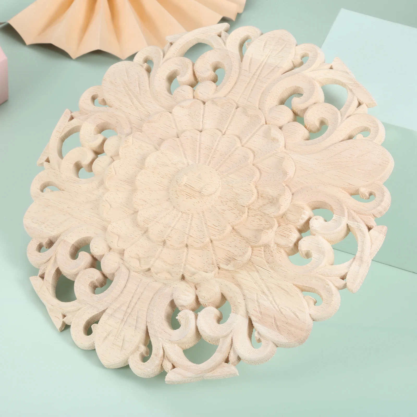 4pcs Wooden Carved Flower Onlay Appliques Solid Wood Carved Decal Unpainted Bed Door Cabinet Decor Disc 15*15*1cm Retro Ornament