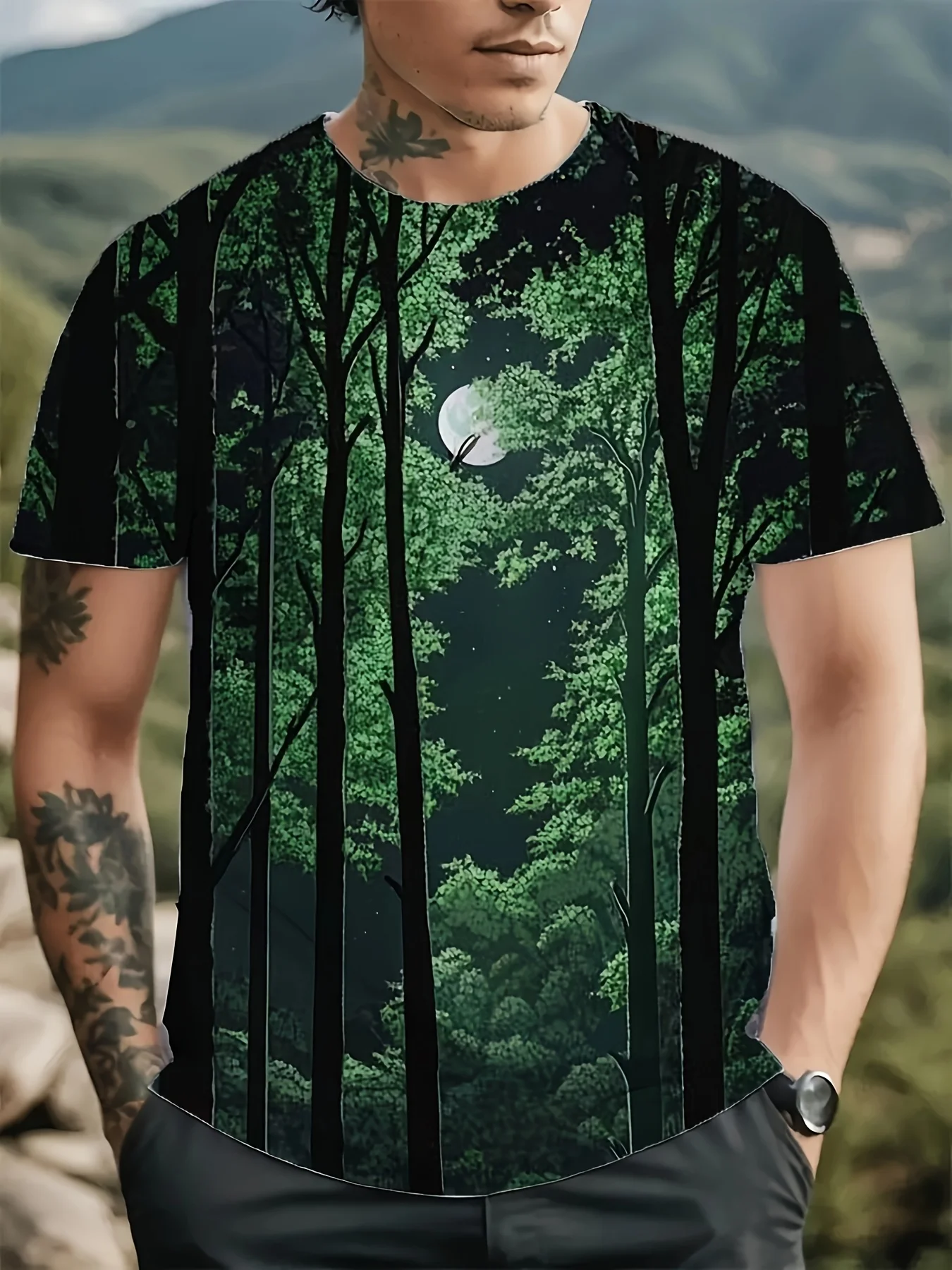 

Летняя мужская футболка с 3D принтом 2025 года — дизайн Forest Scene всего тела, дышащая ткань, повседневная футболка обычного кроя с коротким рукавом для
