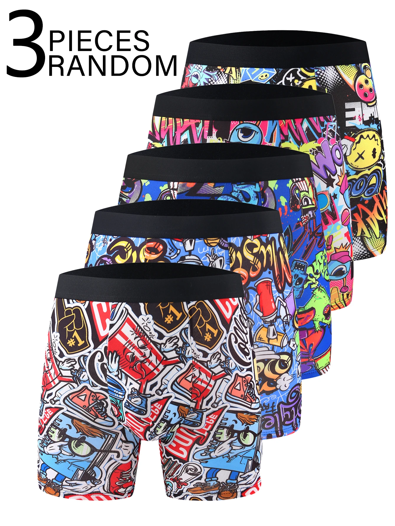 

3-Pack Streetwear Cool Graffiti Print Men's Boxer Shorts Elastic Wide Waistband Comfortable Mid-Rise Fit for Daily Wear