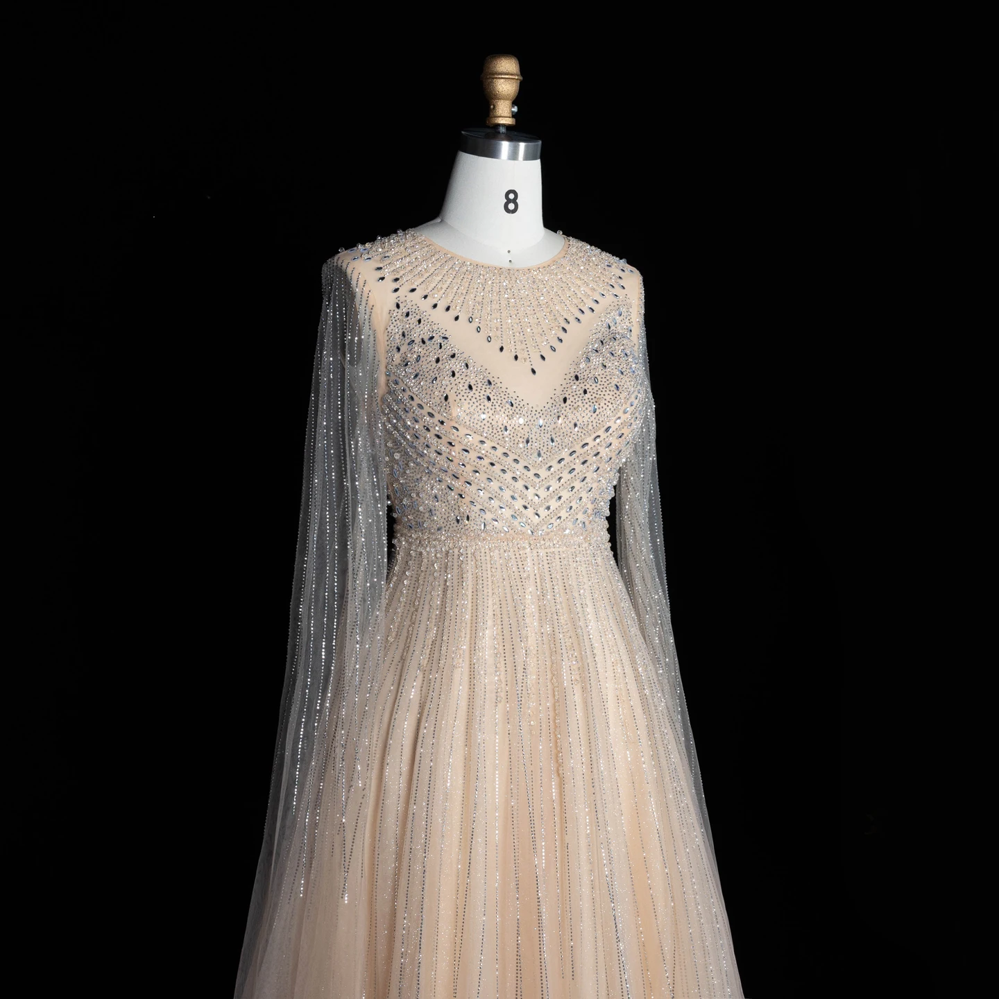 Sharon Said Luxuriöse Dubai Perlen-Kristall-Tüll-Abendkleider Elegante Cape-Ärmel Formelle Ballkleider SS054 Maßanfertigung – Detail 27
