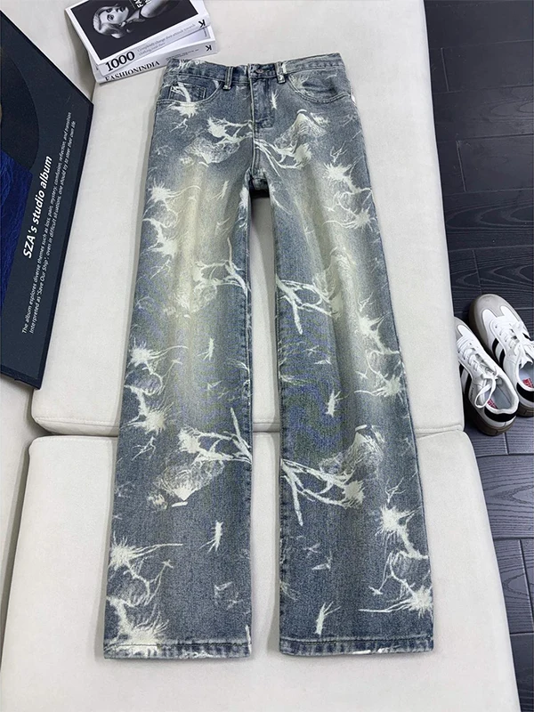 

Retro Blue Dyed Embroidered Knife Jeans Men's American High Street Waed Micro Flared Pants Faded Straight Leg Trousers