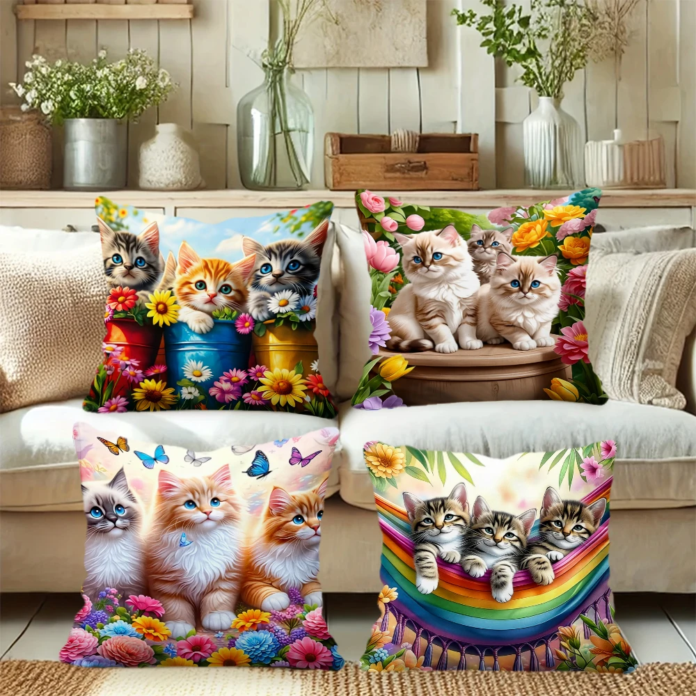 

Set of Four, Sofa Pillowcase, 45 cm × 45 cm, Reversible Print, Home Decor, Vibrant Rainbow Striped Hammock, Three Cute Cats i