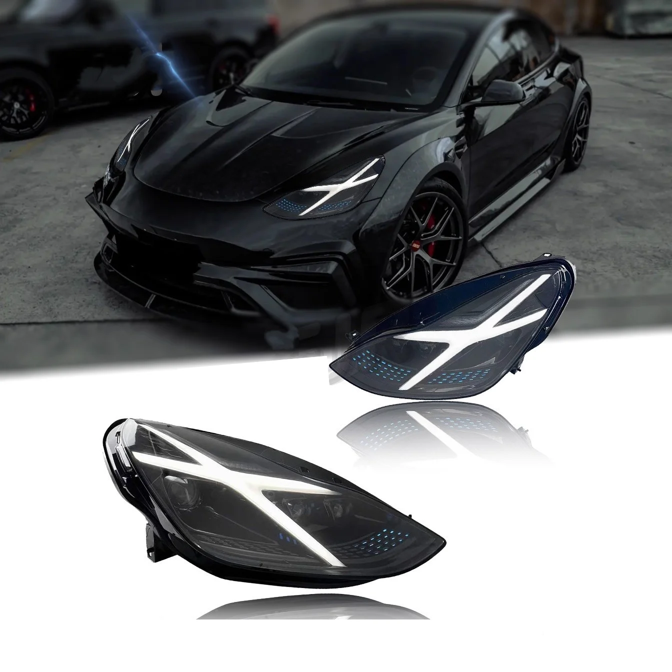 

Автомобильные светодиодные фары в сборе для Tesla Model3 Modely 20-24, модифицированный указатель поворота, дневные ходовые огни