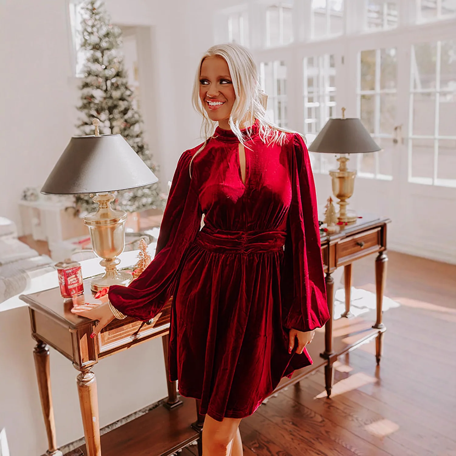 Abiti da donna Y2k in velluto Abito a linea con ritaglio Manica lunga a lanterna Colletto alla coreana Abito in vita Casual Natale Elegante 2025 Autunno