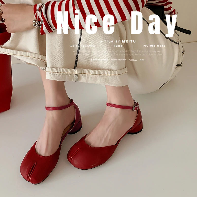 Women Pumps Basic Shoes On Heel Cowhide Ladies Split Toe Pumps French Style Elegant Square Toe Shoe Spring Atumn Simple Pumps
