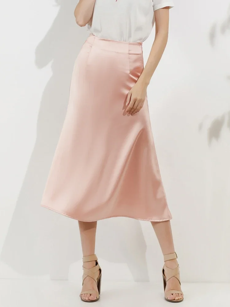 Silk Satin Skirts for Women Korean Style Champagne Office High Waist A-line Skirt Fashion Elegant Solid Long Pencil Skirt 2024