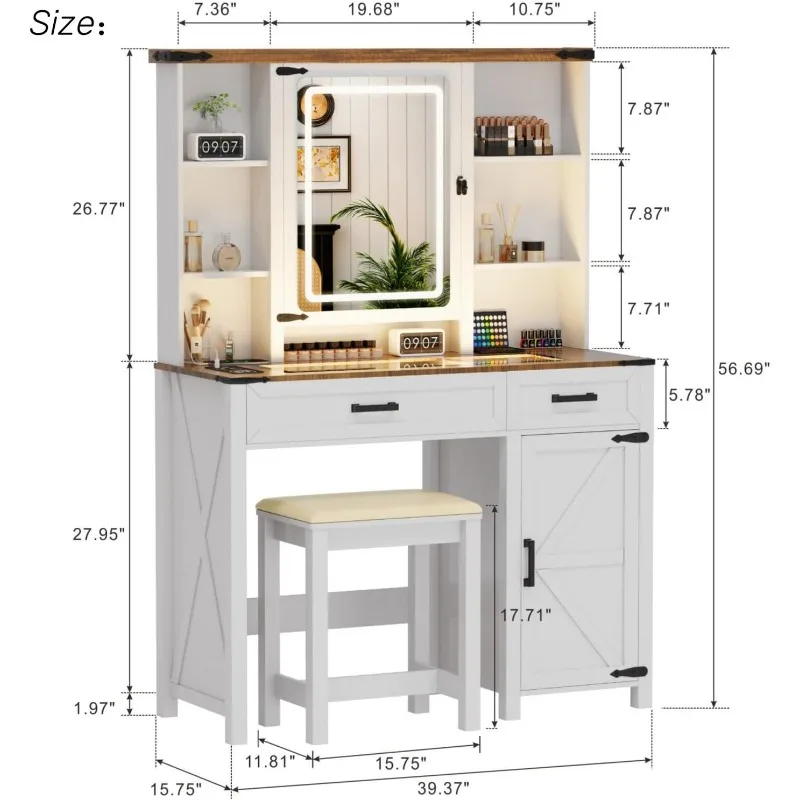 Farmhouse Makeup 40'' Vanity Set with Human Body Sensing LED Lights & Hidden Jewelry Cabinet,home.