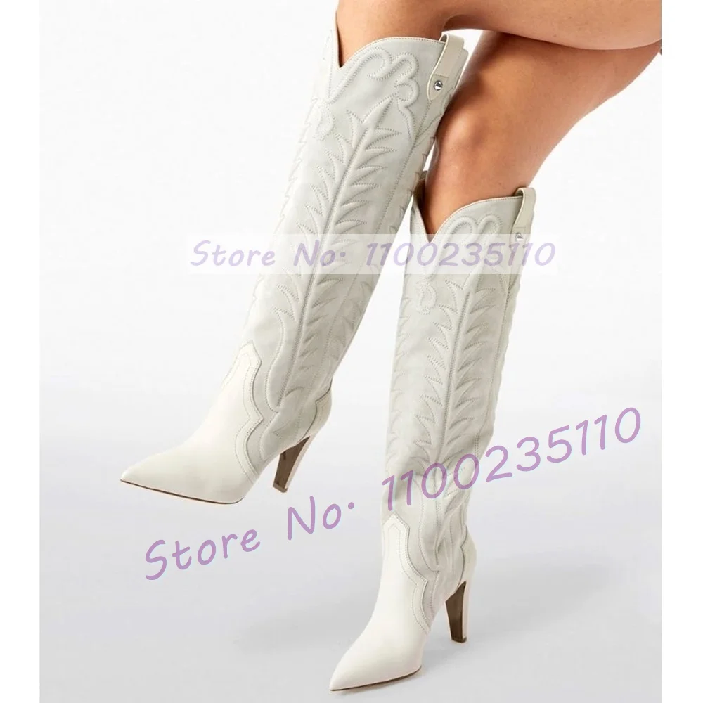 Women's White Print Suede Leather Boots Women Fashion Pointed Toe Block Heel Denim Shoes Ladies Stylish Cool Splicing Boots