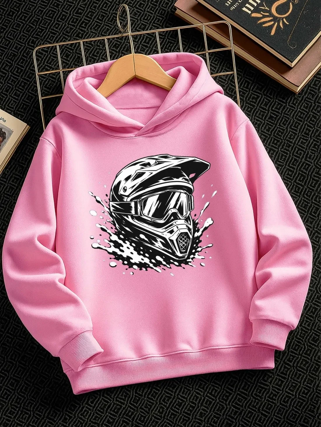 Kids Motocross Hoodie Autumn Winter Fleece Lined Warm Sweatshirt Cool Racing Helmet Print Pullover Casual Streetwear