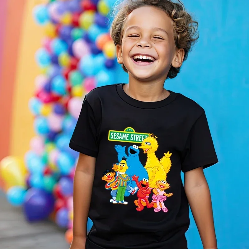 تي شيرت للأطفال مطبوع عليه شارع سمسم بأكمام قصيرة، قميص أسود كارتوني مناسب للأولاد والبنات من القطن الخالص بأكمام قصيرة #6