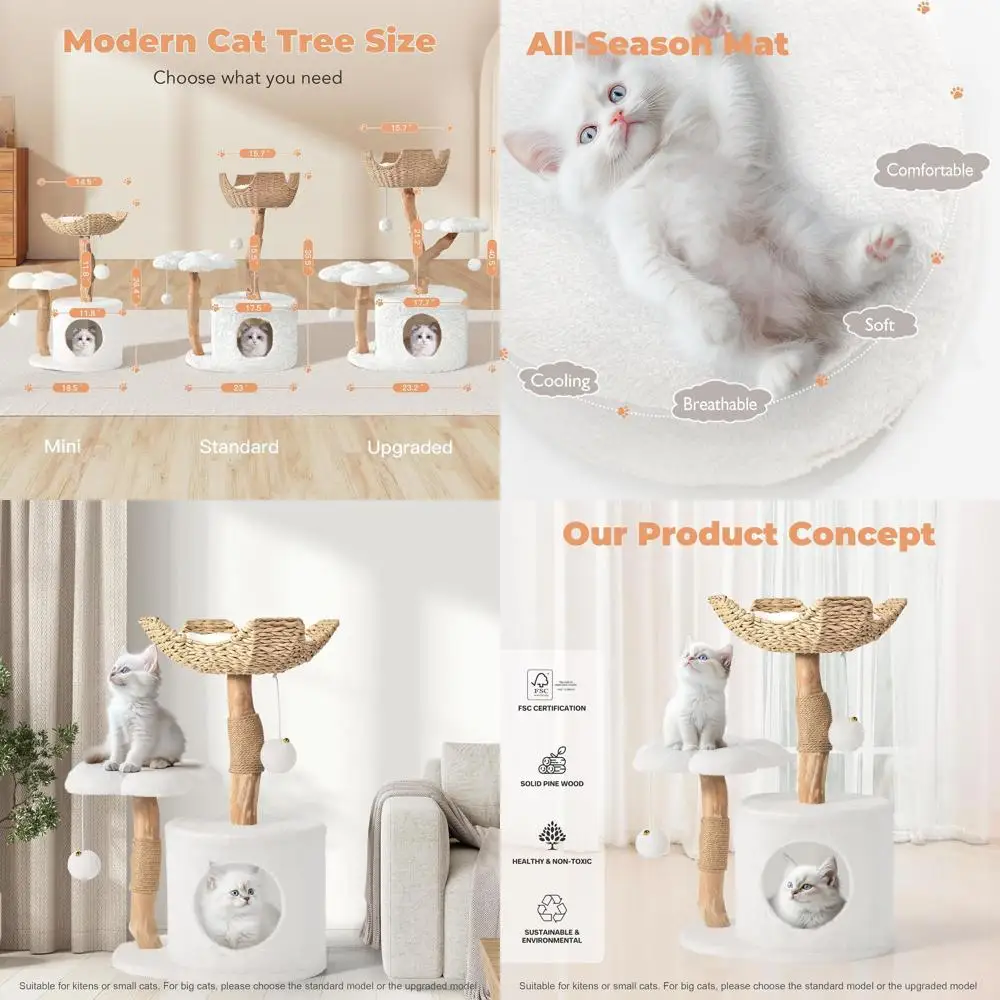 

Элегантная деревянная башня для кошек для маленьких кошек с когтеточками и платформой с цветочной тематикой