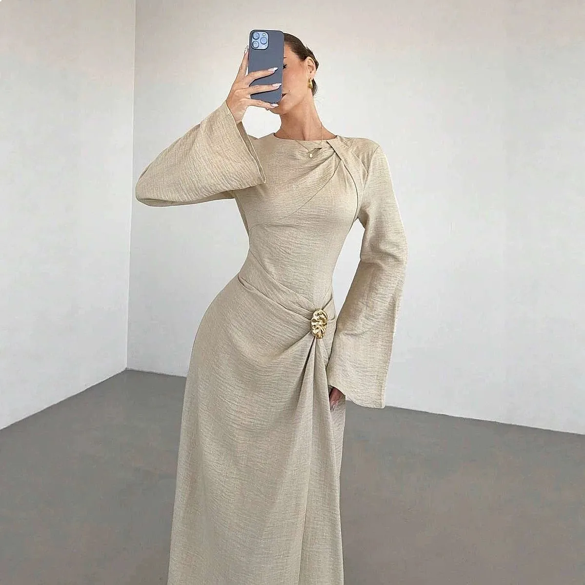 Women Elegant Burgundy Fall Dress Twist Metal Button Decor Flared Sleeve Guest Formal Evening Dresses Jumpsuit Playsuit