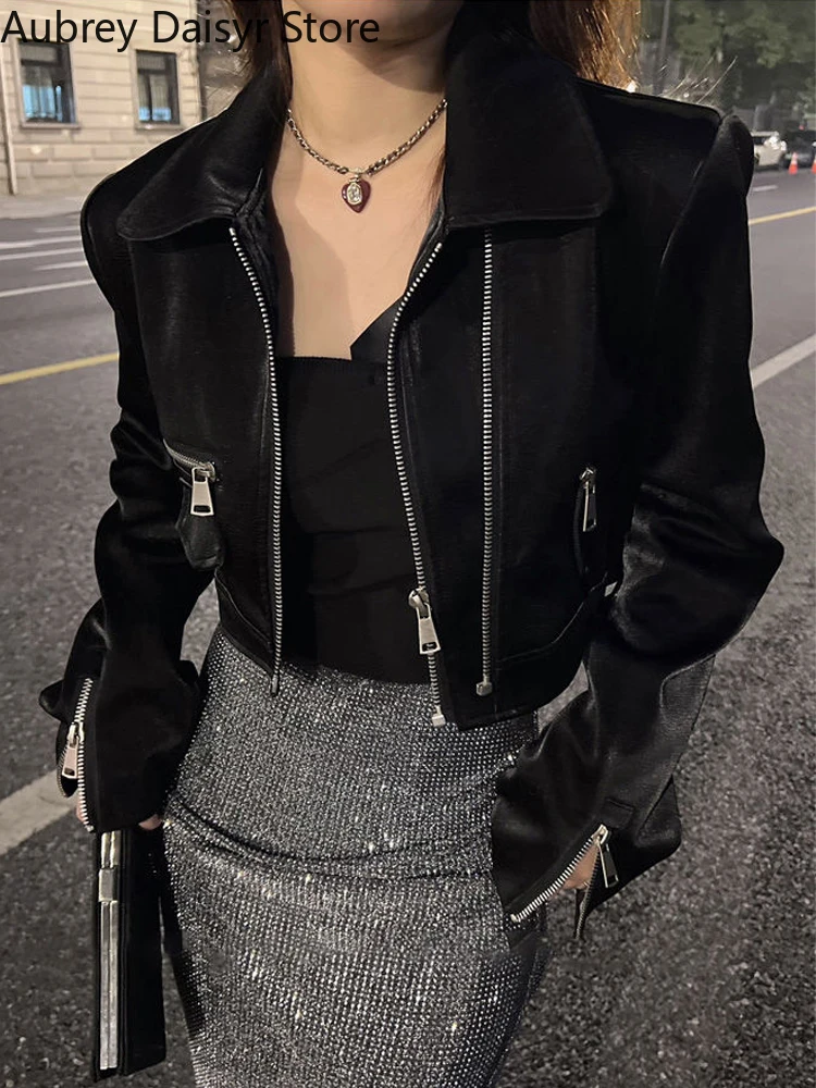 

Black Cropped Leather Jacket Women Streetwear Moto Biker Zipper Leather Jacket Punk Winter Irregular Faux Fur Aviator Coat New