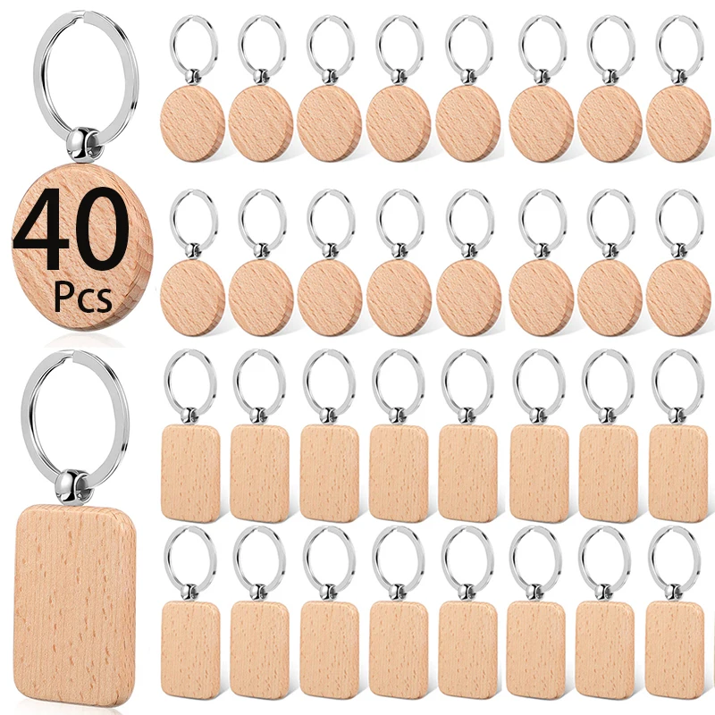 40Pcs Unfinished Wooden Keychain Blanks Wood Key Chain Key Tag for DIY Gift Crafts