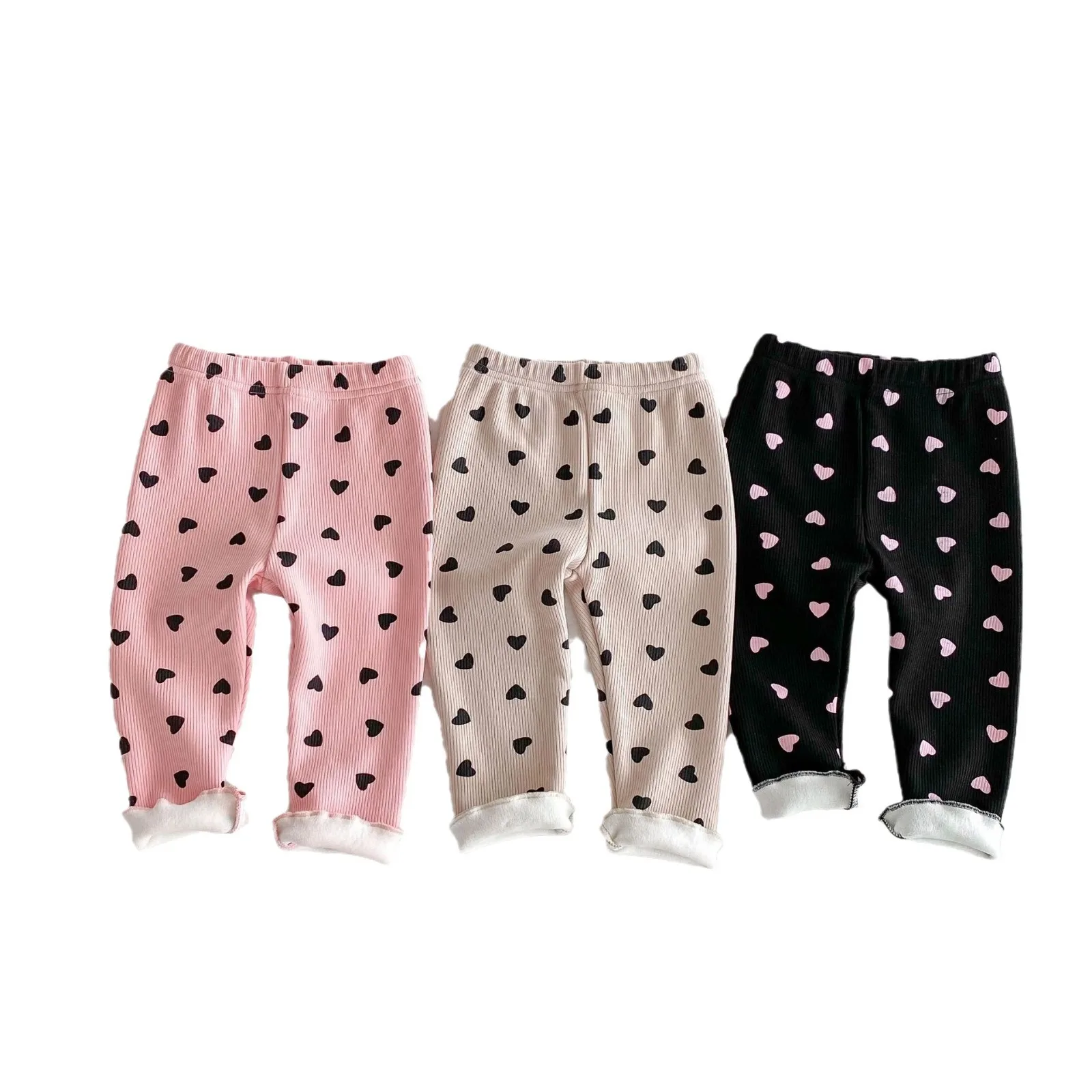 2024 Winter New Baby Girls Fleece Leggings Children Casual Pants Plus Velvet Thick Kids Heart Print Warm Trousers Baby Clothes