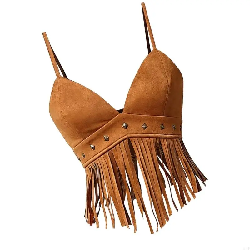 Women's Faux Suedes Hippie Crop Top Sleeveless Camisole with Fringe for Dancing 
