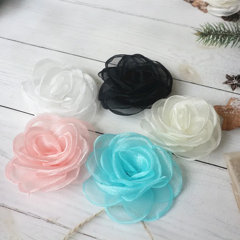 10PCS 8CM Artificial Flowers Head Organza Fabric Hairpin Corsage Wedding Dress Clothing Making Accessories Silk Flowers