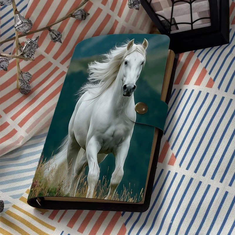 Wild White Horse in Mountain Landscape Art Print Notebook A6 PU Leather Diary Planner with Metal Button for Daily Use and School