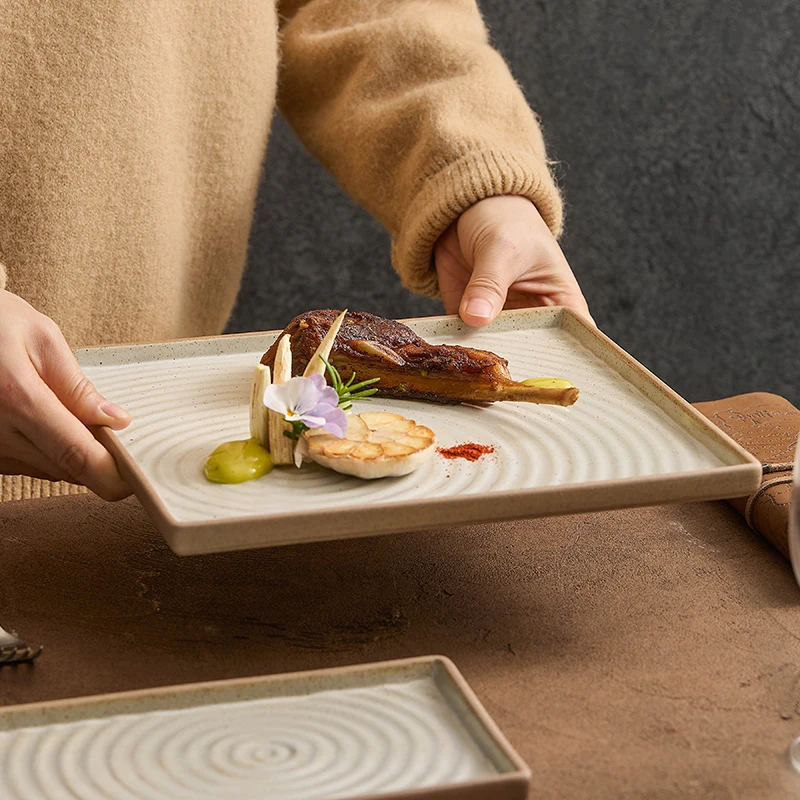 Coarse Ceramic Thread Square Plate Western Steak Plate Restaurant Food Ornaments Dessert Plate Kitchen Tableware.