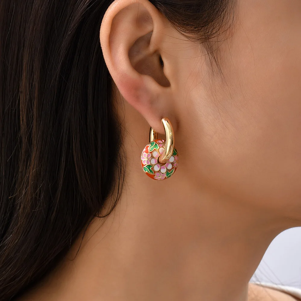 Vintage Round Enamel Colorful Flowers Circle Charms Dangle Earrings for Women Stainless Steel 18K Gold Plated Huggies Earring