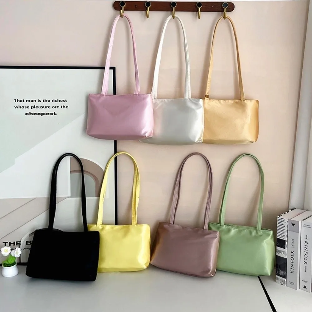 Chic Nylon Silk-like Shoulder Bag Square Shape Solid Color Underarm Bag Waterproof Macaron Tote Bag Fashion Events