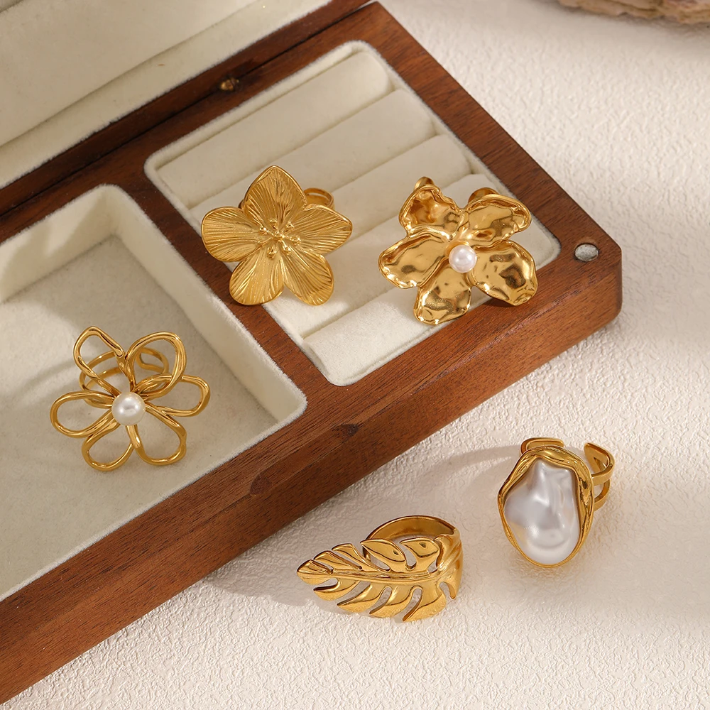 Persönliches Design, Edelstahl, hohle Blumen- und Blattmuster, offene Ringe für Damen, rostfrei, trendiger Schmuck, Accessoires, Geschenke. – Detail 3