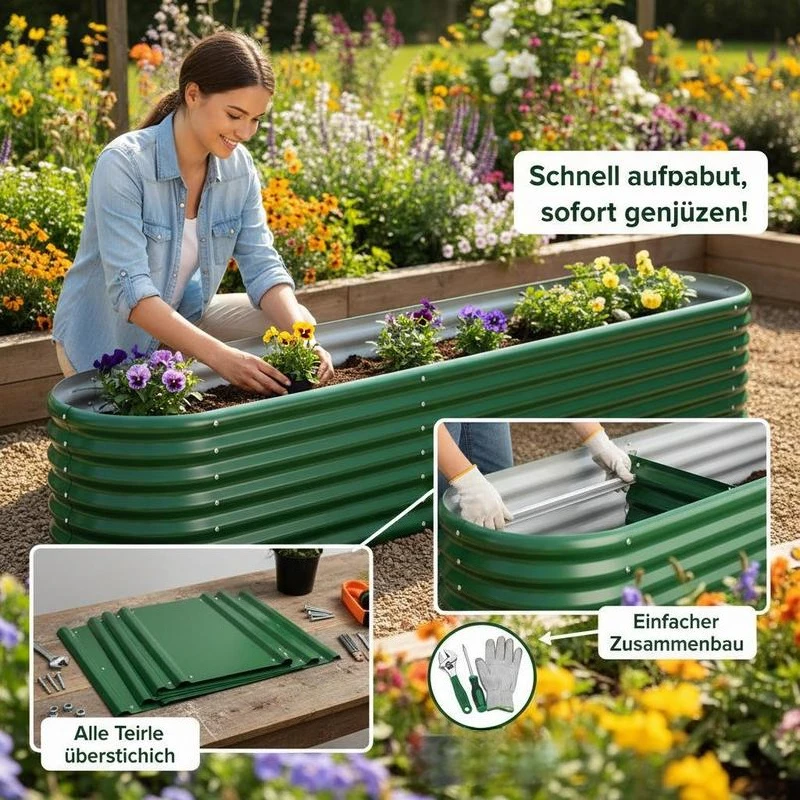 Jardinière surélevée en acier galvanisé vert 224 x 40 x 36 cm, design allongé et bas pour bordures de clôtures et sentiers, résistante à la corrosion pour légumes et herbes aromatiques