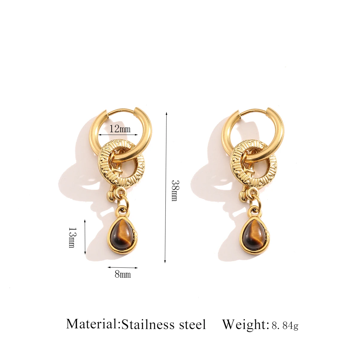 AURORA Retro Tropfenförmige Tigerauge Naturstein-Charm-Creolen für Damen, Täglicher Edelstahl-Schmuck, Accessoires – Detail 6