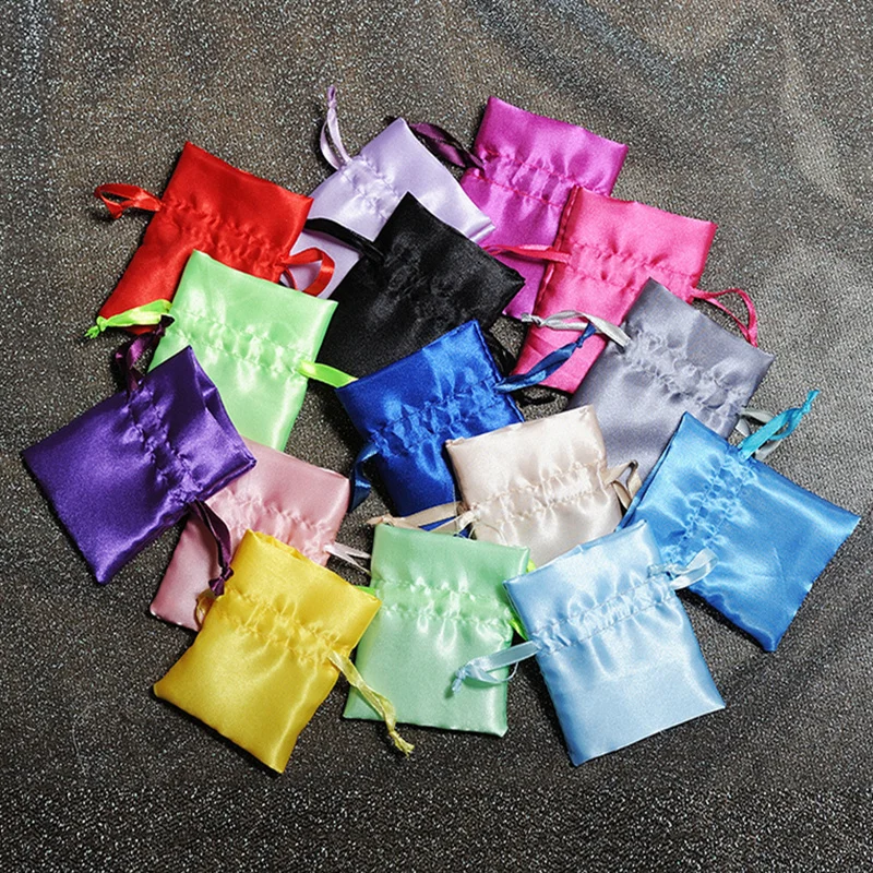 50 Pcs/Lot Drawstring Satin Bags for Christmas New Year Party Smooth Touching Silk Gift Fabric Package Pouch