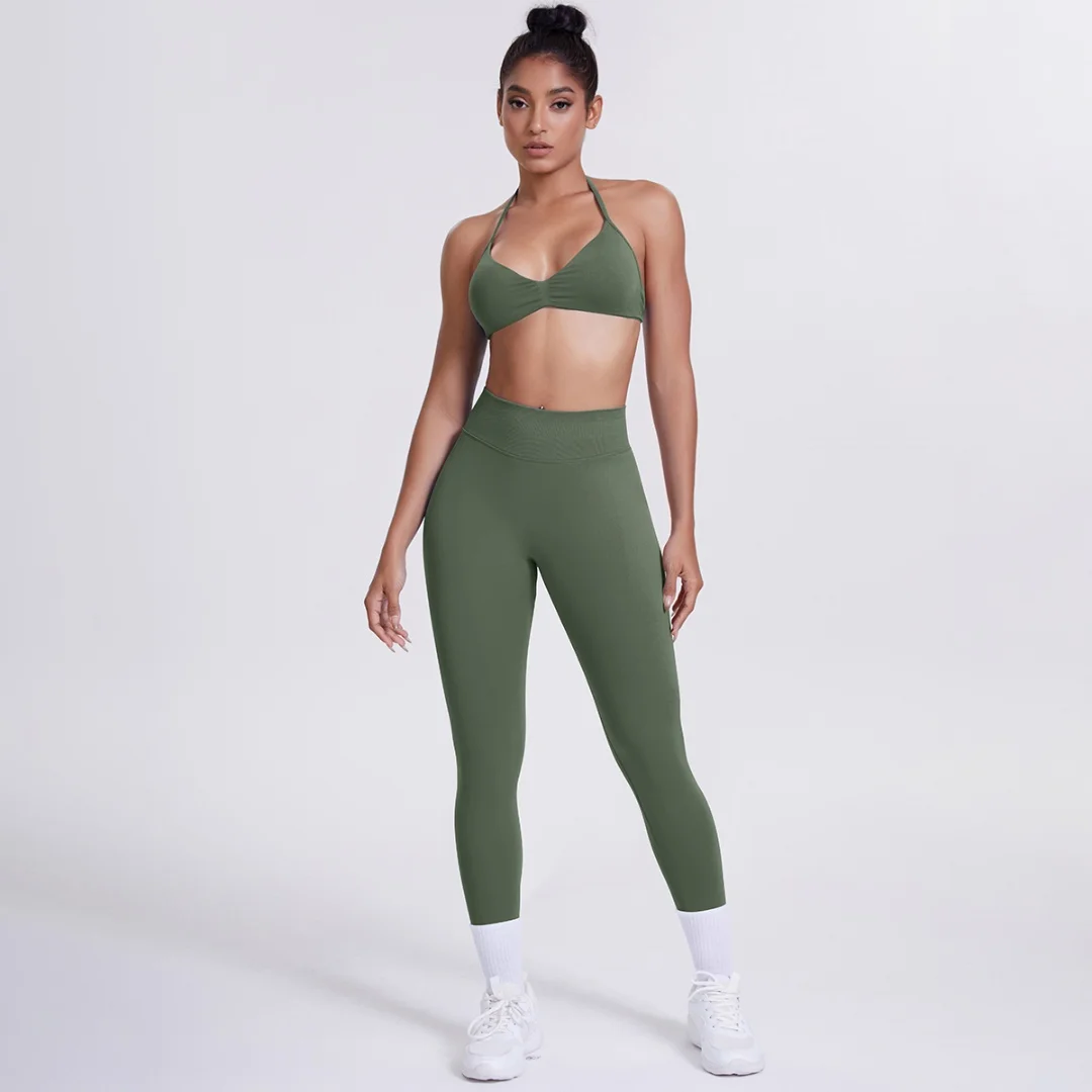 

Hanging Neck Bra Sexy Back Yoga Set Sports Fitness Peach Hip High Waist Breathable Running Workout Clothes Gym Sportswear