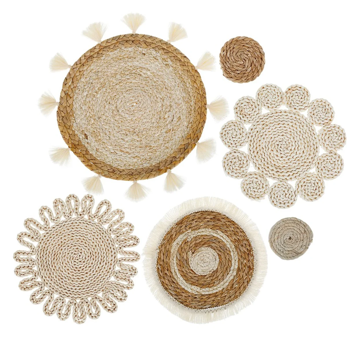 6 pezzi Boho cesto da parete set di decorazioni cestini piatti in rattan intrecciato decorazione da appendere a parete nappe fatte a mano decorazioni per cestini da parete con fiori