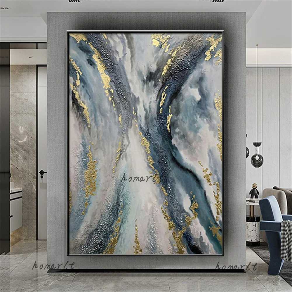 

Pop High Quality Handmade Oil Painting Decor Living Room Abstract Line Canvas Poster Gold Foil Blue Texture Wall Art Pictures