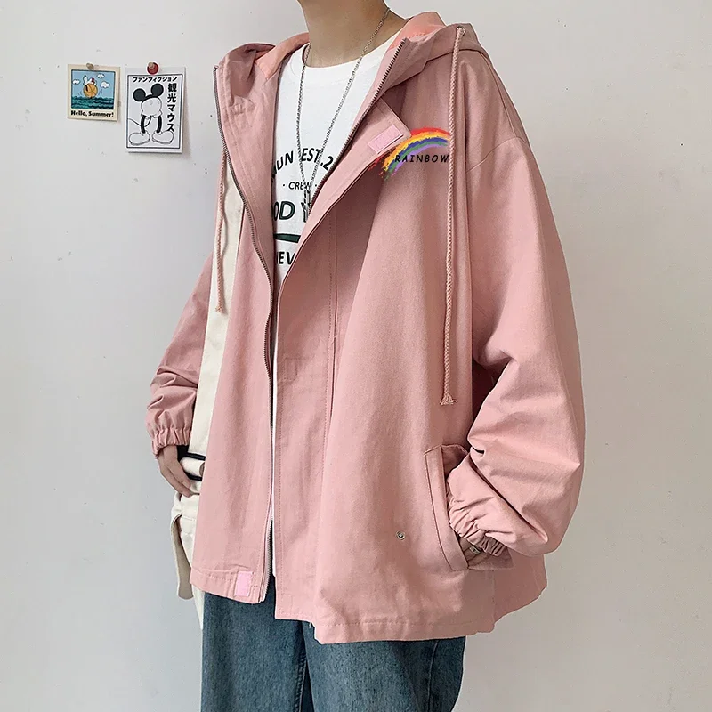 Men's Oversized Jackets Cotton With Hat Autumn Rainbow Print Coat Casual Wear 5XL Jacket Safari Style Man Clothing Outerwear