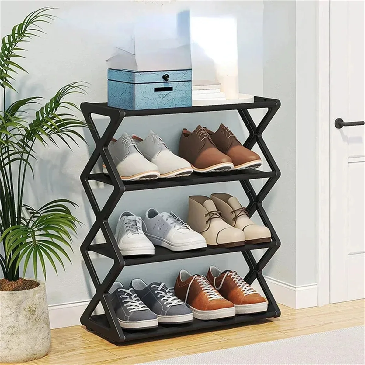 4-layer shoe rack for household dust-proof storage, solid color simple home assembly foldable shoe rack