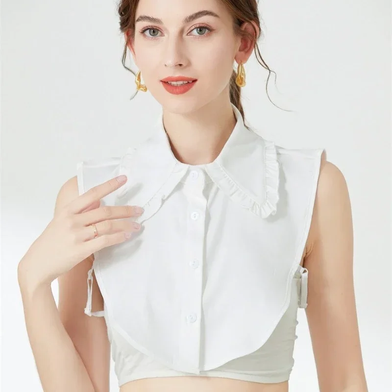 여성용 러플 라펠 화이트 페이크 칼라 탈부착 가능한 칼라 스카프 가짜 칼라 셔츠 타이 여성용 탈착식 셔츠 타이