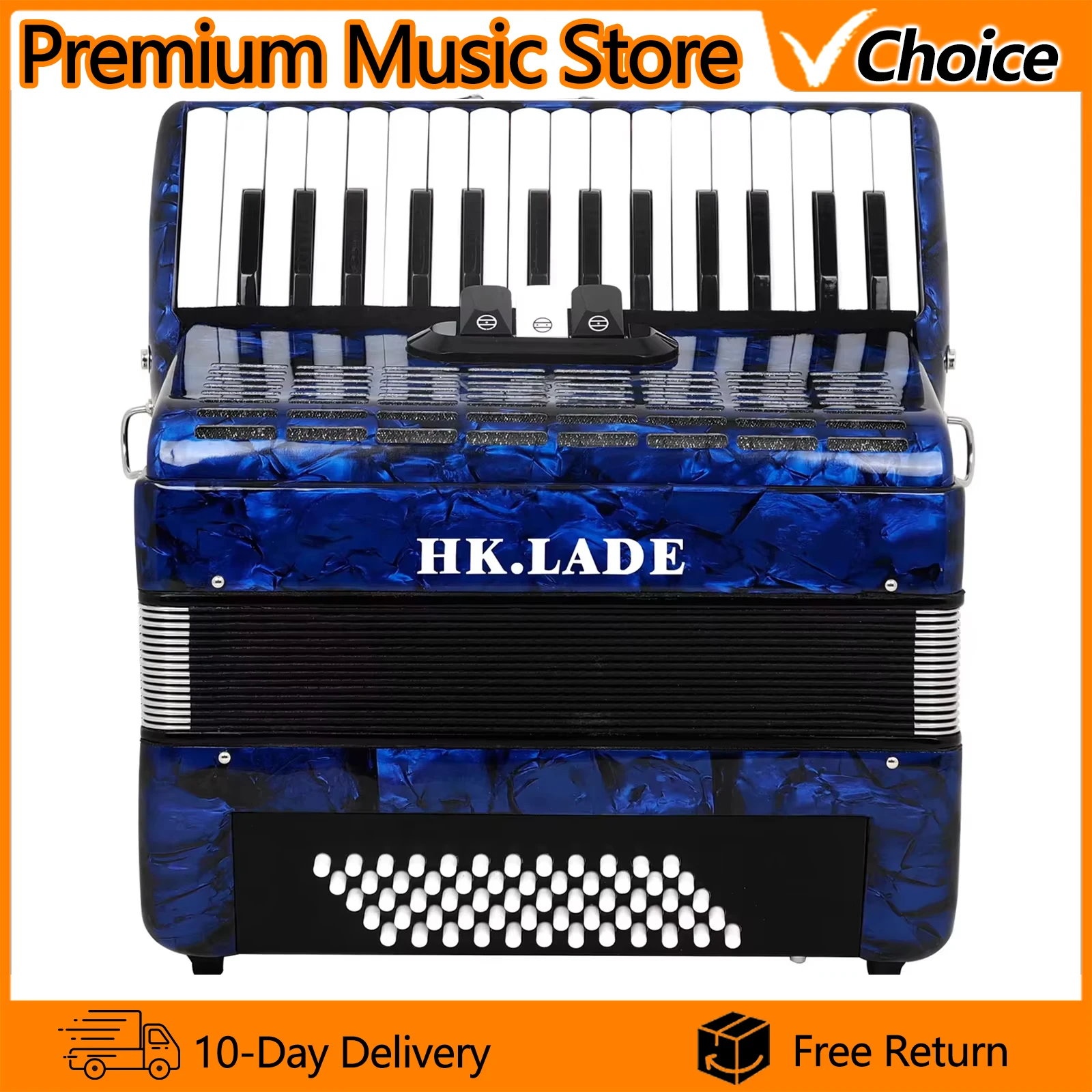 HK·LADE AH-70 Bayan Accordion 30 Key 60 Bass 3 Keyboard Voice Changing Blue Accordion Sheepskin Bellows Accordion with Storage