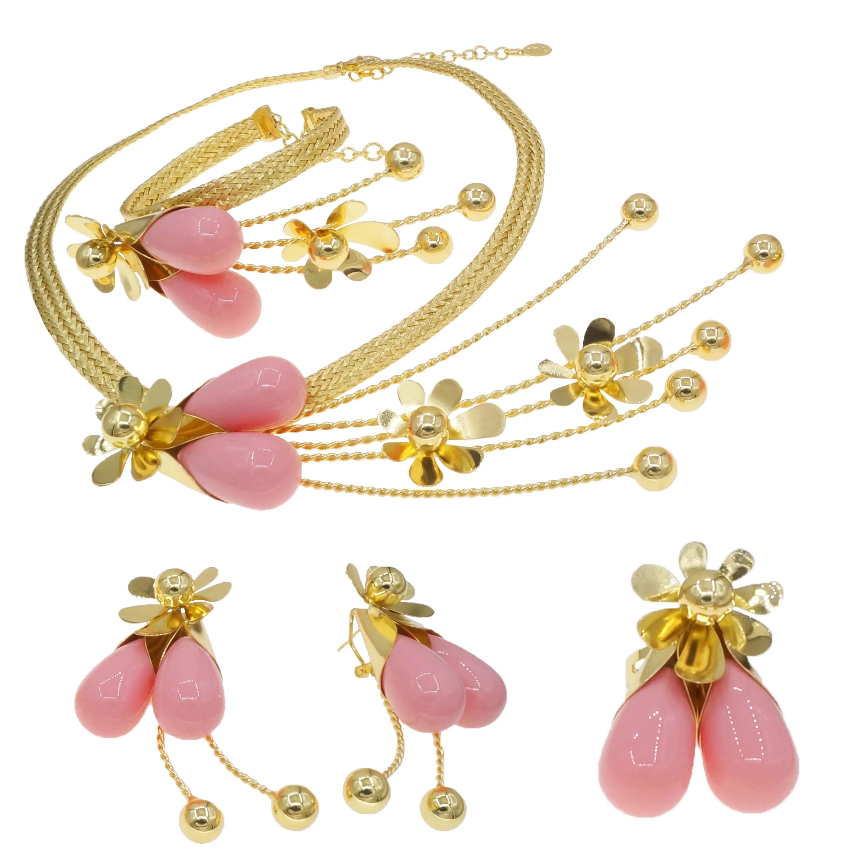 trendy wholesale flower Jewelry With pink beads Collar charm Brazalete Aretes Anillo 4PC Set Free Shipping for navidad Christmas