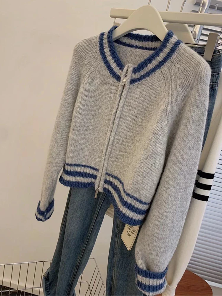 Donna Harajuku Vintage manica lunga girocollo maglione giacca 2024 autunno inverno femminile Casual Versatile cerniera Cardigan lavorato a maglia