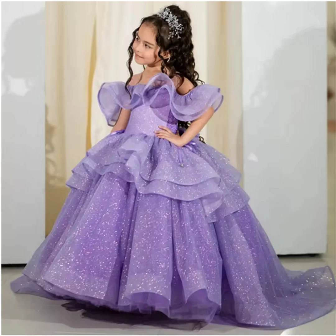 فستان فتاة الزهور من الخزامى مخصص لحفلات الزفاف من التول اللامع وكشكشة أنيقة لحفلات أعياد الميلاد وحفلات التواصل الأول