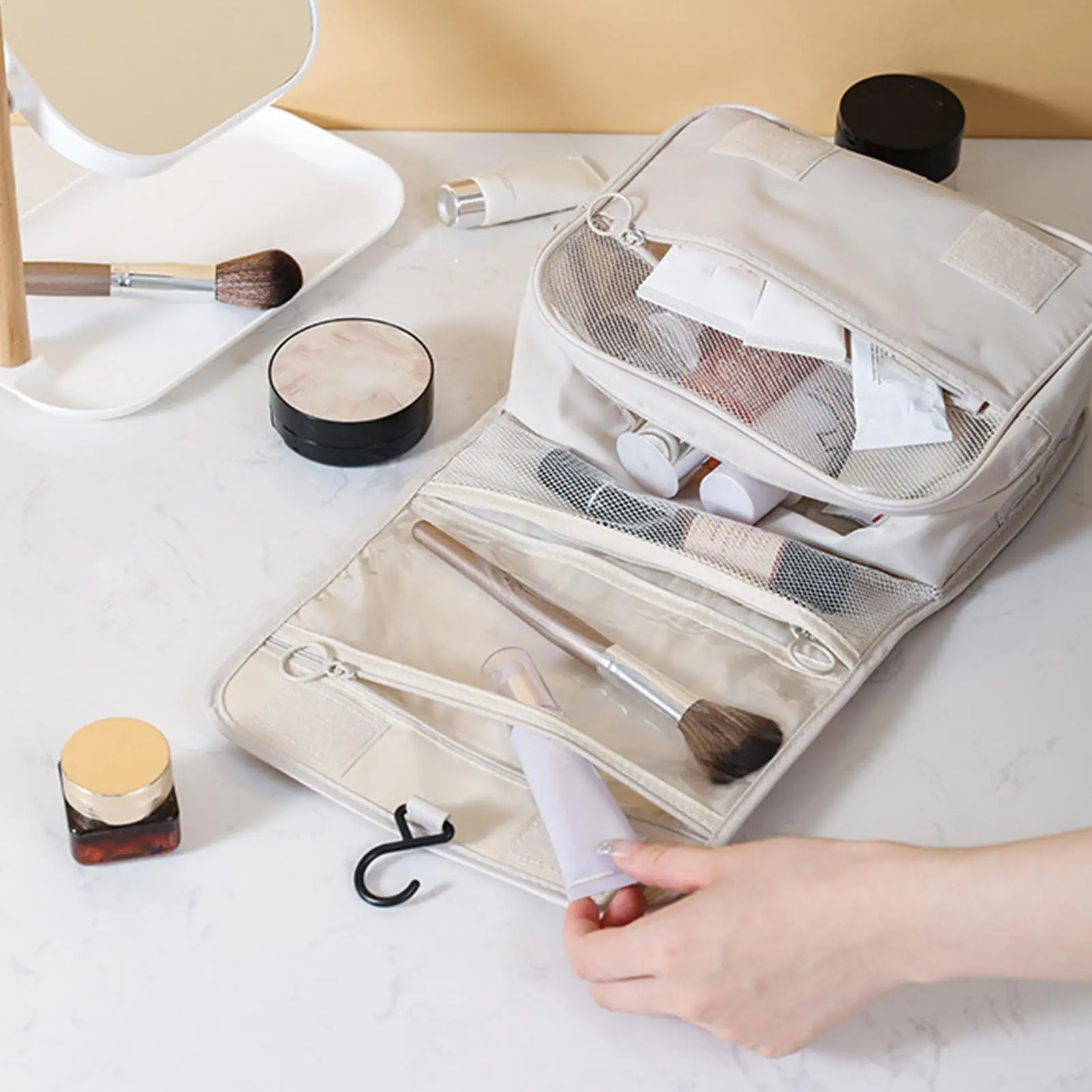 

Waterproof Travel Makeup Bag with Hanging Hook, Large Capacity Toiletries Pouch for Women Bathroom Storage