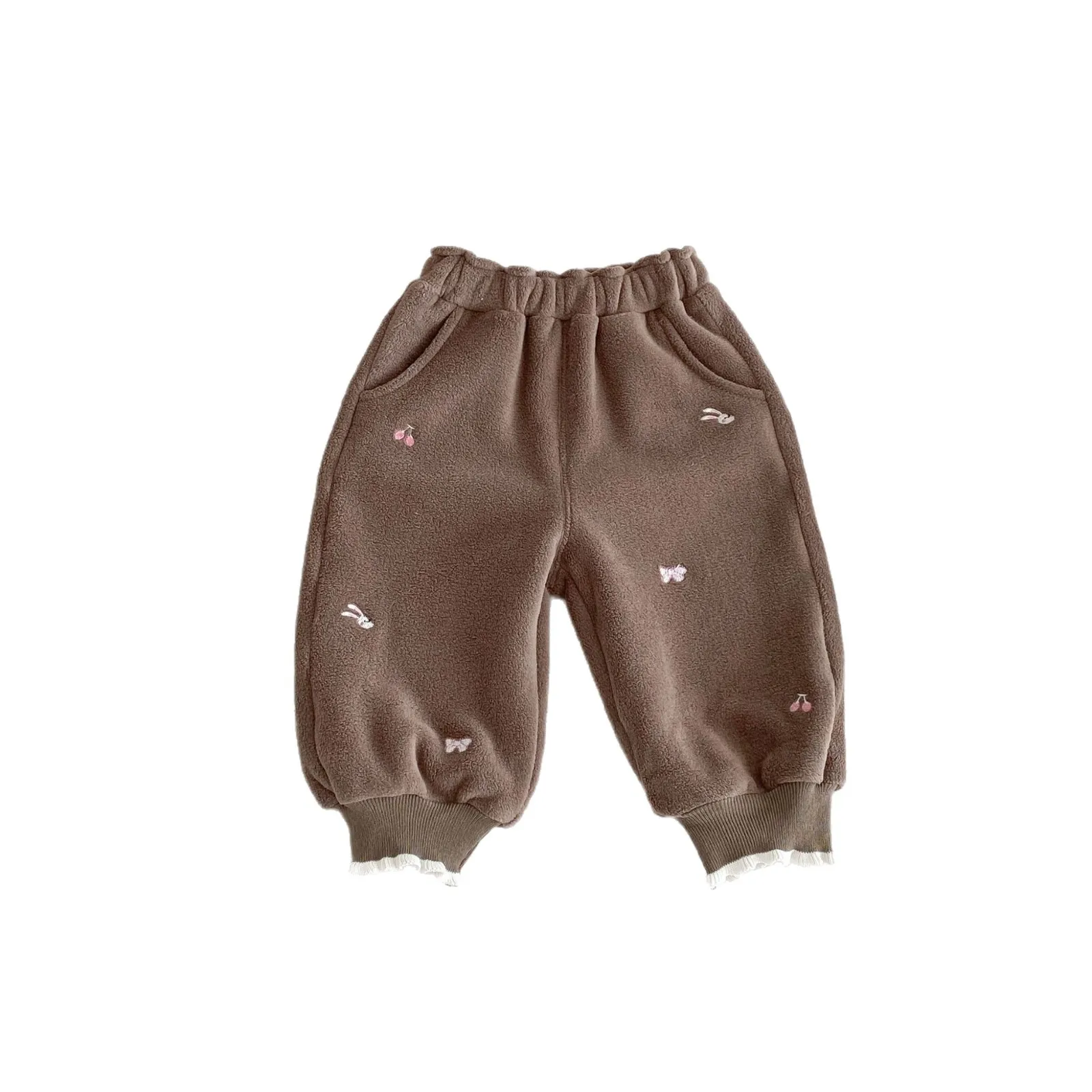Girls' Double-sided Fleece Sanitary Pants 2025 New Winter Baby Fashion Embroidered Cartoon Casual Pants Children's Pants