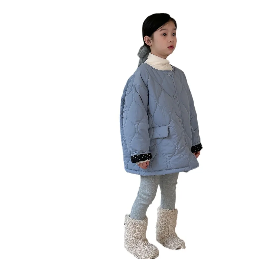 2024 Winter Girls' Korean Edition Label Solid Color Two Sided Cotton Jacket Children's Round Neck Thickened Dot Cotton Coat