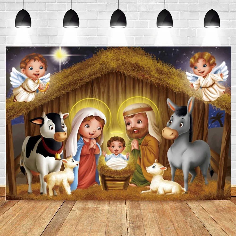 Birth of Jesus Backdrop Christmas Night Manger Nativity Scene Photography Background Kids Newborn Christianity Photoshoot Props