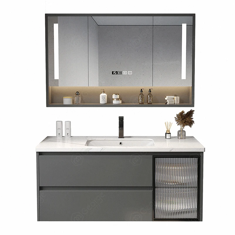 

Wall-hung Bathroom Vanity sintered stone counter top basin LED Mirror Cabinet customized plywood Bathroom cabinet DG2028