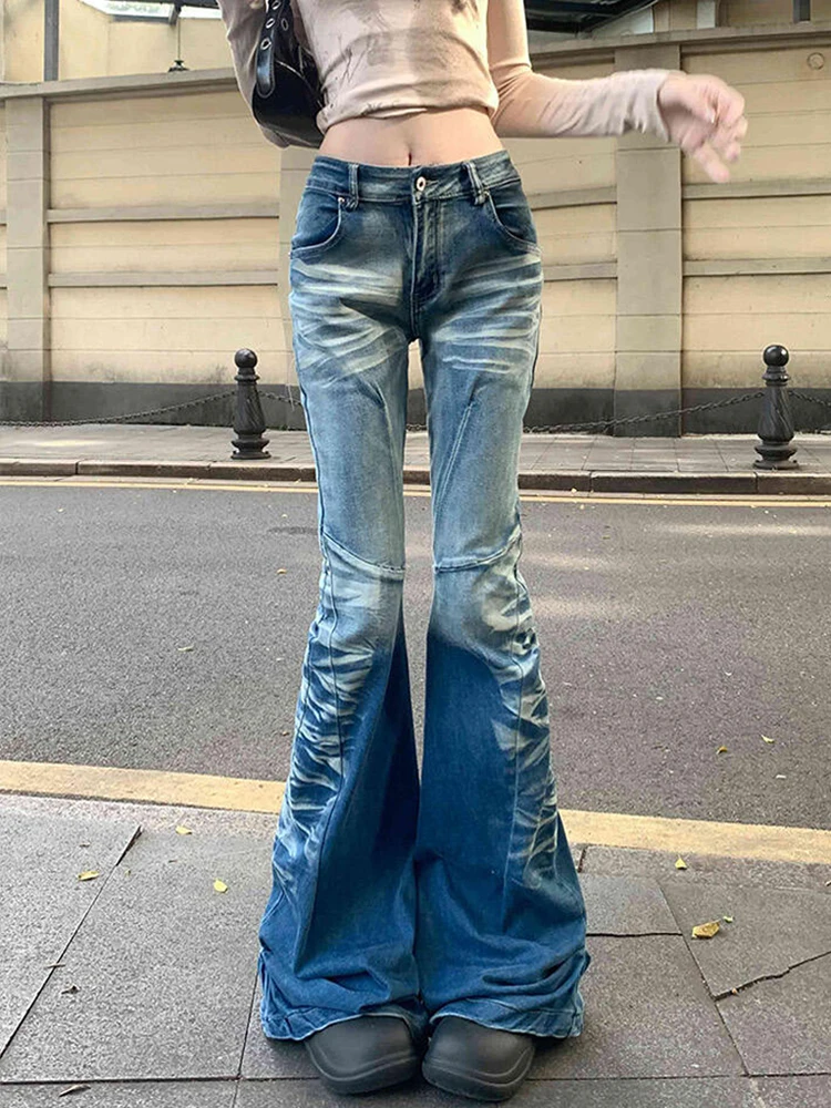 

Retro Waed American High Street Design Pleated Denim Jeans Women's Sexy Bell Bot Pants Low Waist Zipper Closure Slim Fit