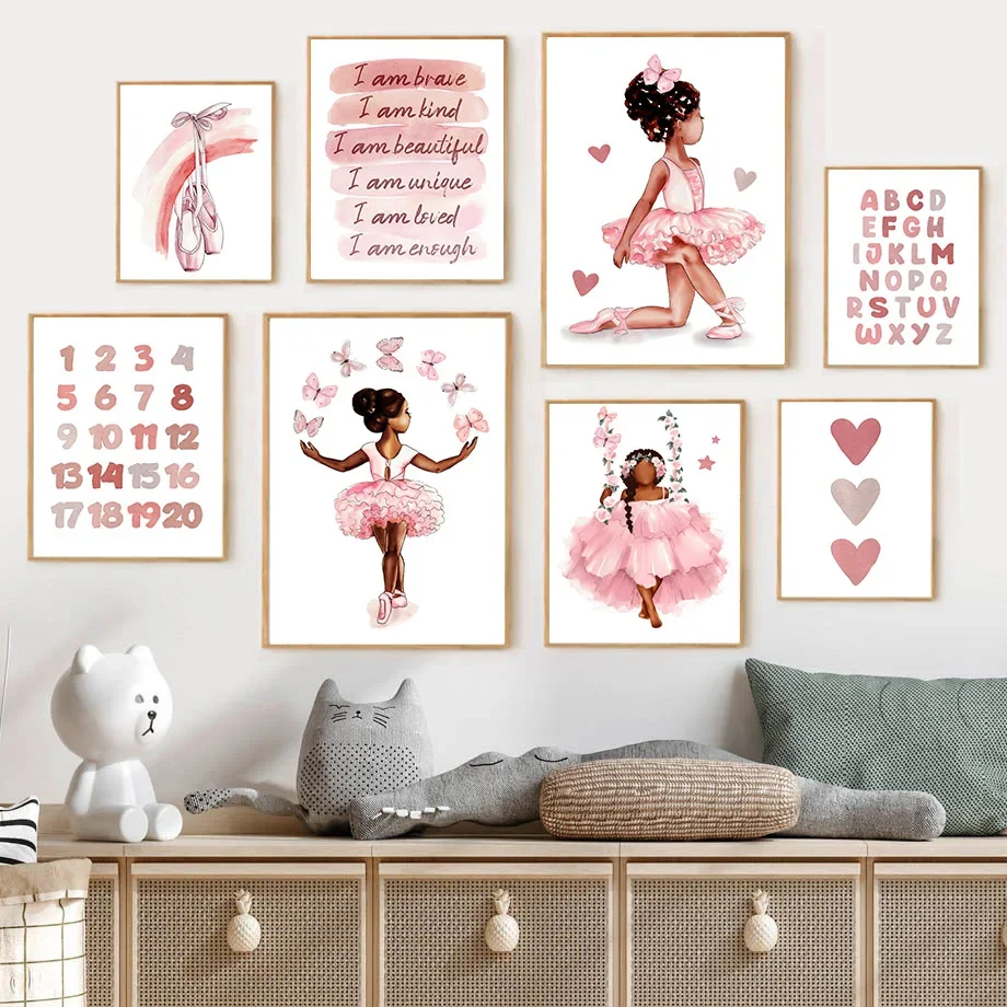 Black Ballet Girl Pink Shoes Dress Butterfly Swing Wall Art Canvas Painting Posters And Prints Pictures Girl Room Nursery Decor