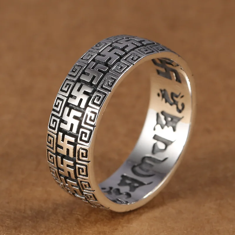 WholeSale S925 Sterling Silver ring, faShionable retro thai Silver, men'S Six-character mantra, index finger and ring