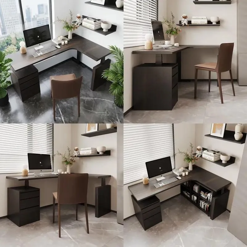 Intelligent Height Adjustable L Shaped Desk Thick Solid Wood Computer Table Modern Office Workstation
