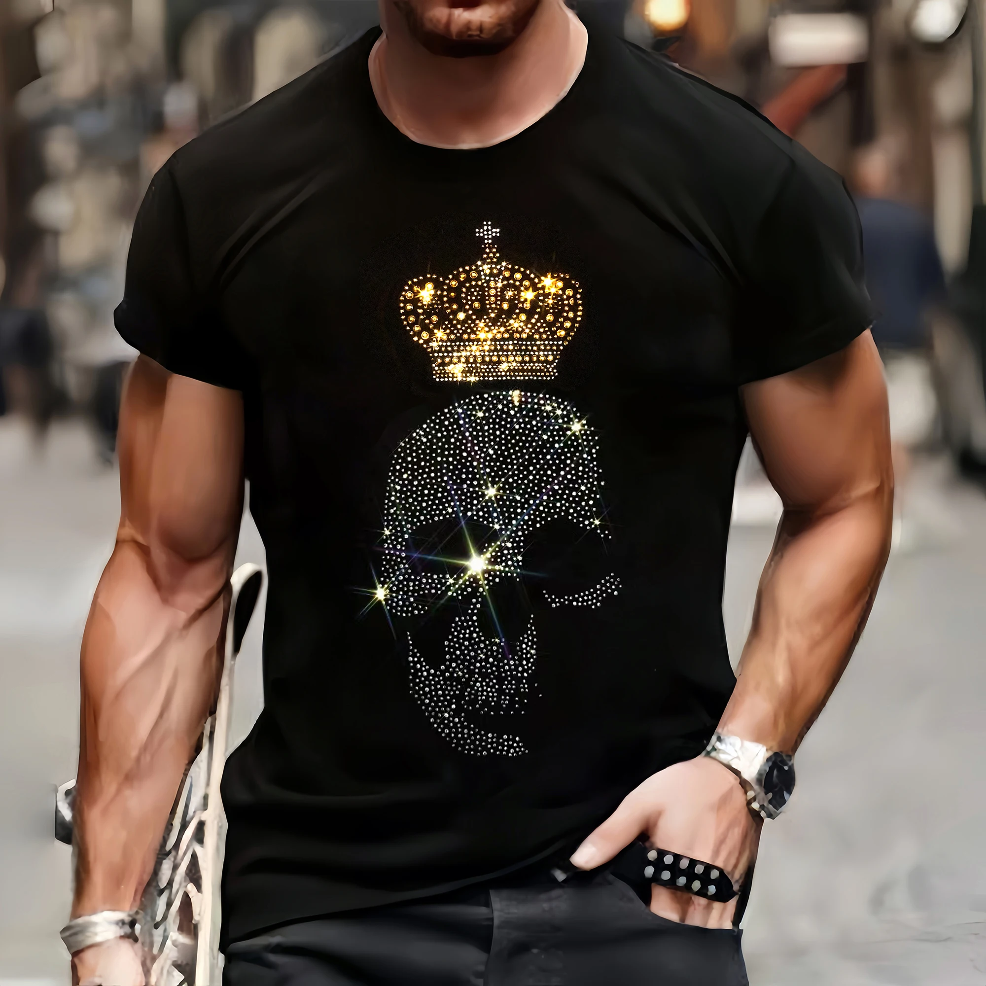 Luxury Mens Quality T-Shirts Autumn Casual Street Short Sleeve Clothing Tee Tops O-Neck Skull Rhinestone Streetwear Tshirt Y2k