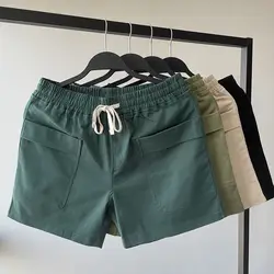 Shorts de corrida casuais masculinos pretos, fitness, confortável, cintura de cordão, sólido, bolsos múltiplos, verão